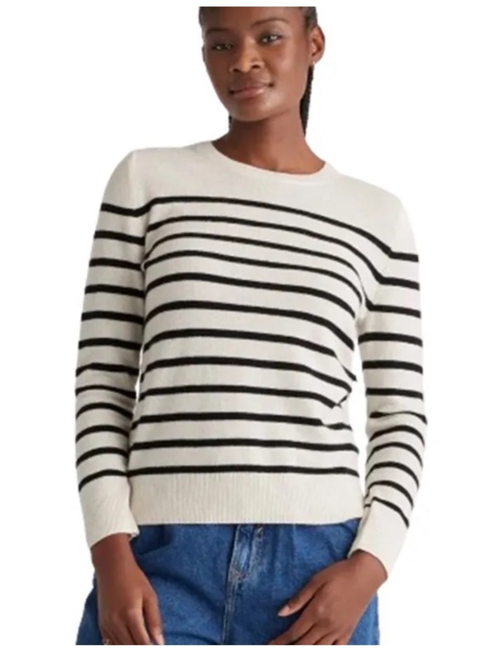 Quince Mongolian Cashmere Crewneck Sweater Ivory & Black Stripe XL